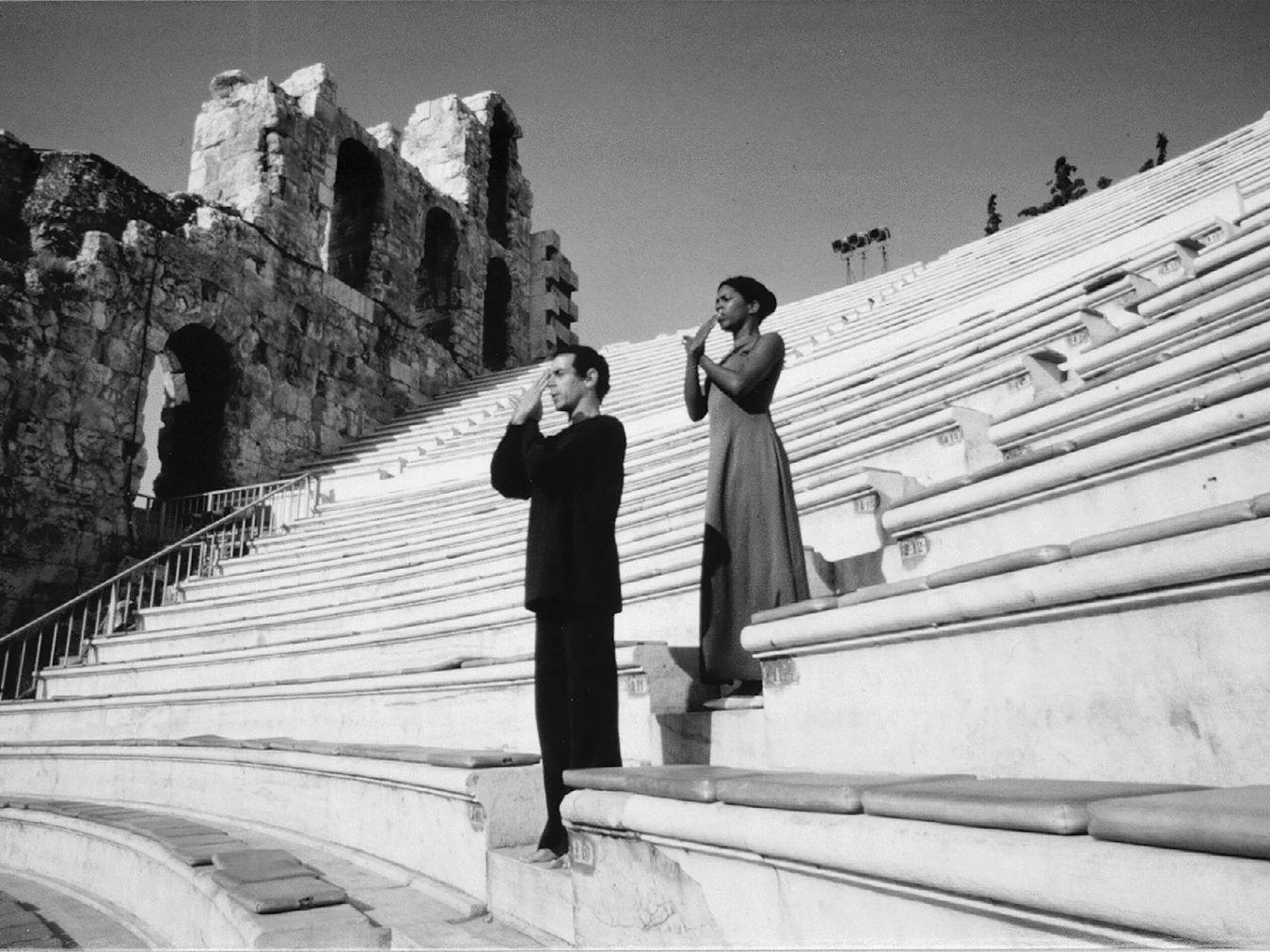 Karlheinz Stockhausen, Elisabeth Clarke and Alain Louafi at Herodes Atticus Theater in Athens (rehearsal of the soloists), 1978 © Archive of the Stockhausen Foundation for Music, Kürten