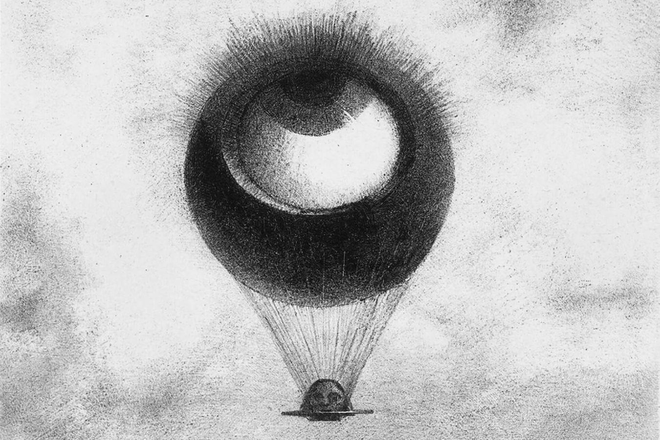 Odilon Redon, „L’œil, comme un ballon bizarre, se dirige vers l’infini“, Série pour Edgar Poe, 1882