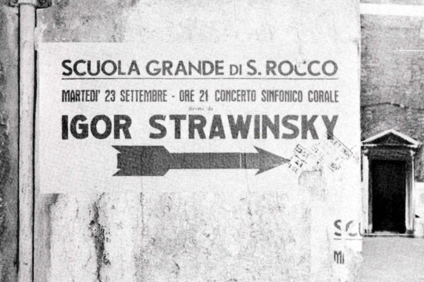 Poster announcing the premiere of Igor Stravinsky's “Threni” on 23 September 1958 at the Scuola di San Rocco in Venice
