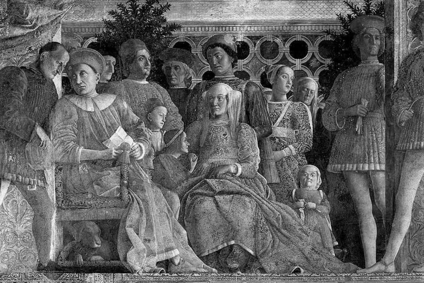 Die Familie sitzt und steht um den Thron von Ludovico III Gonzaga.