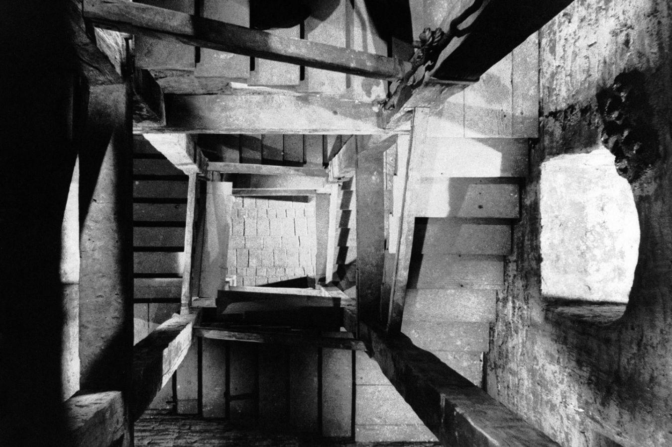 A stone staircase from above