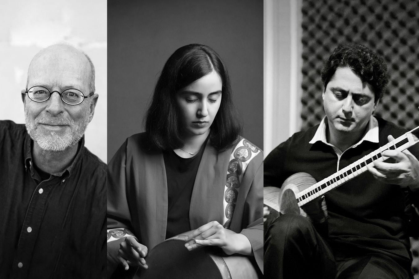 A man with glasses smiles, a woman plays a frame drum and looks to the side, a man has his eyes closed and plays a lute.