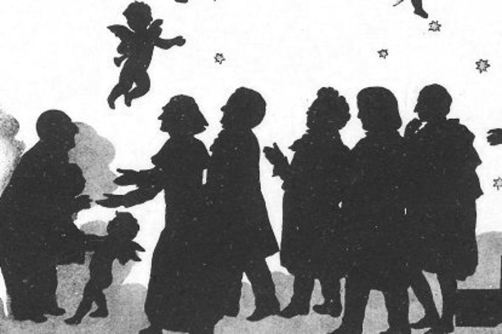 Graphic, silhouette of numerous men with putti