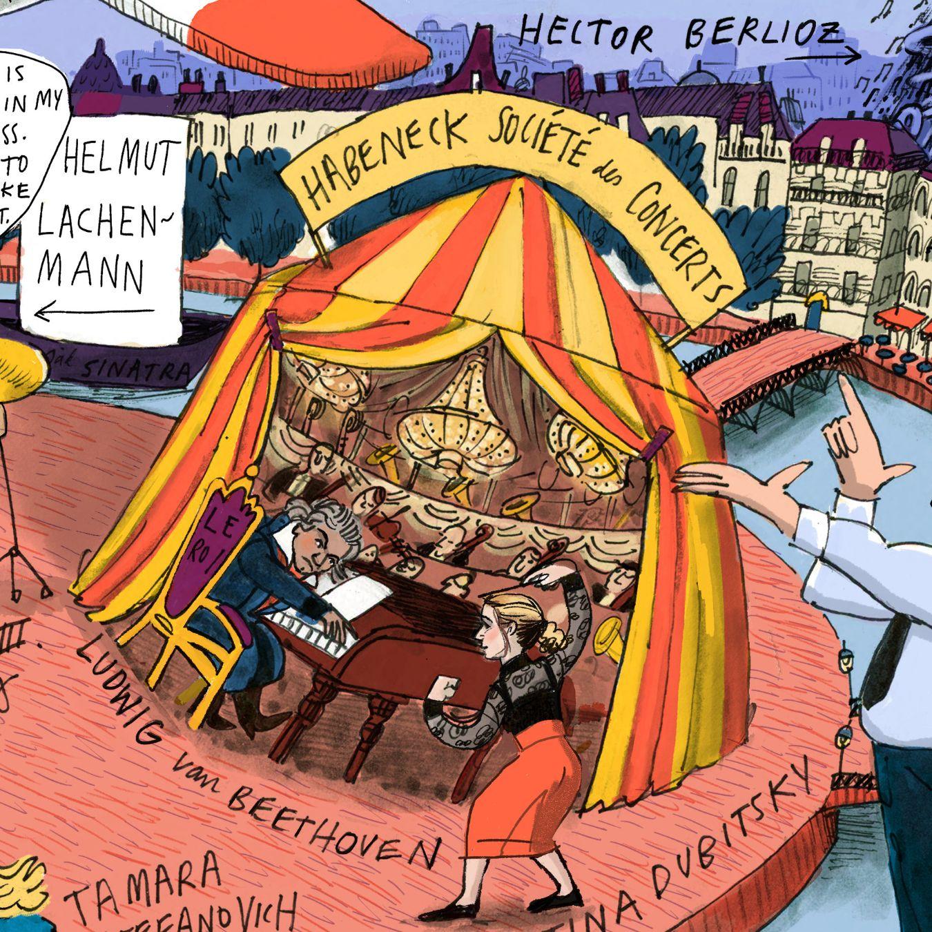Durch eine Zirkuszeltöffnung, über der das Schild „Habeneck Société des Concerts“ montiert ist, blicken wir in einen Konzertsaal des 19. Jahrhunderts, mit Ludwig van Beethoven am Klavier. Dirigiert wird das Geschehen von Ustina Dubitsky.
