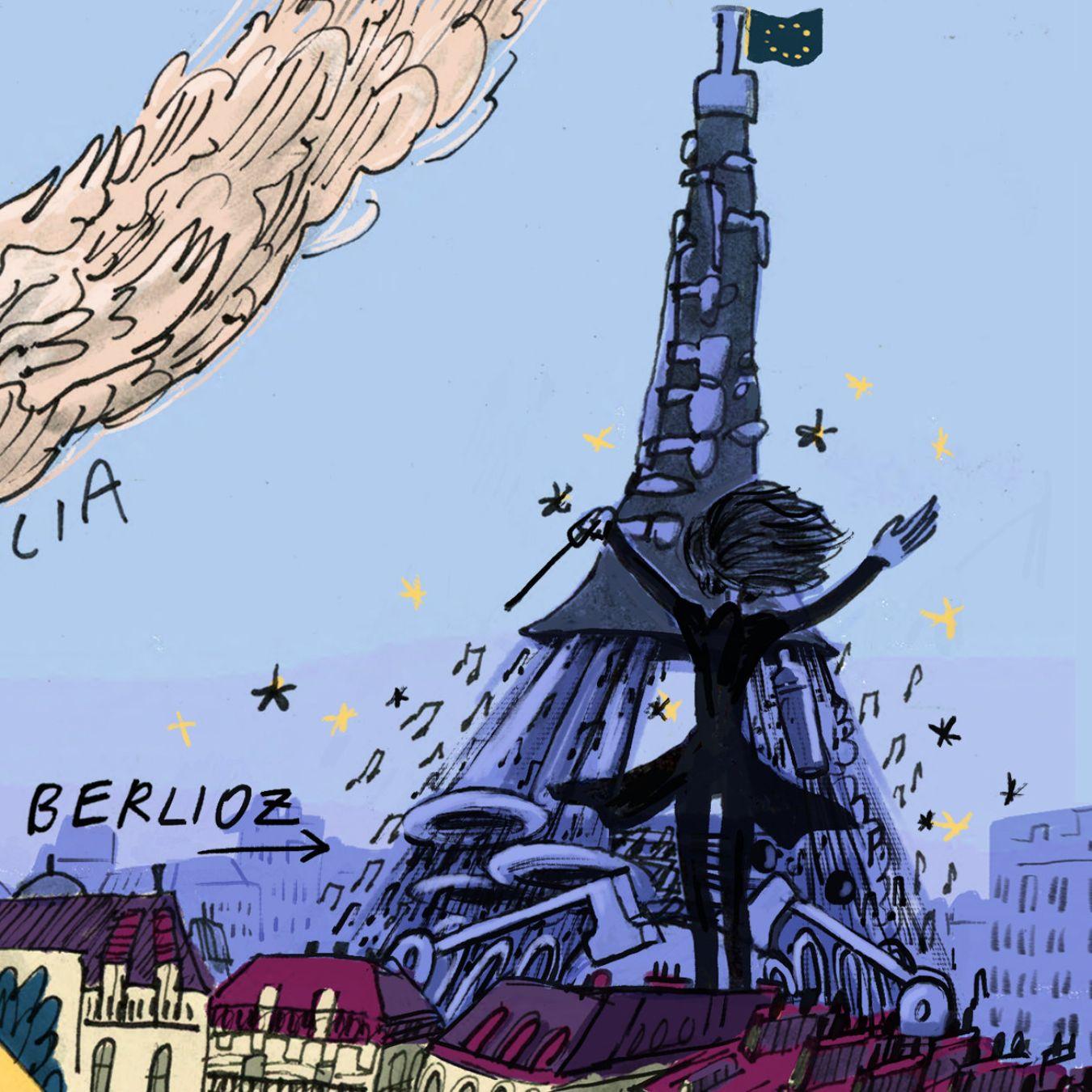 Über den Dächern von Paris dirigiert Hector Berlioz mit wehendem Haar den aufragenden Eifelturm, aus dem Noten aufsteigen.