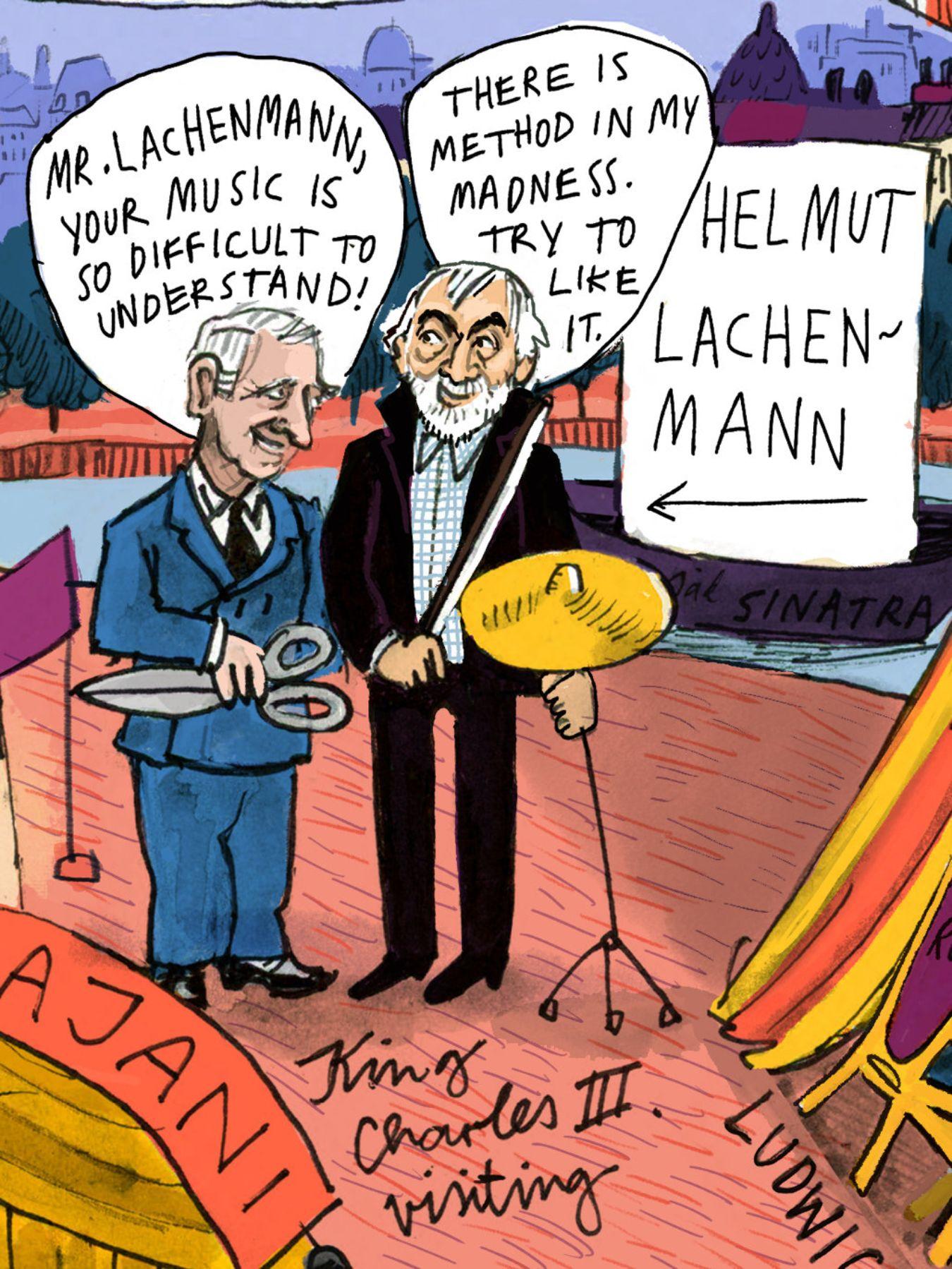 Helmut Lachenmann und Prinz Charles, heute König Charles der Dritte sind im Gespräch. Charles hat anlässlich einer Eröffnung eine große Schere in der Hand, während Lachenmann im Begriff ist, mit einem Geigenbogen über ein Schlagzeugbecken zu streichen.
