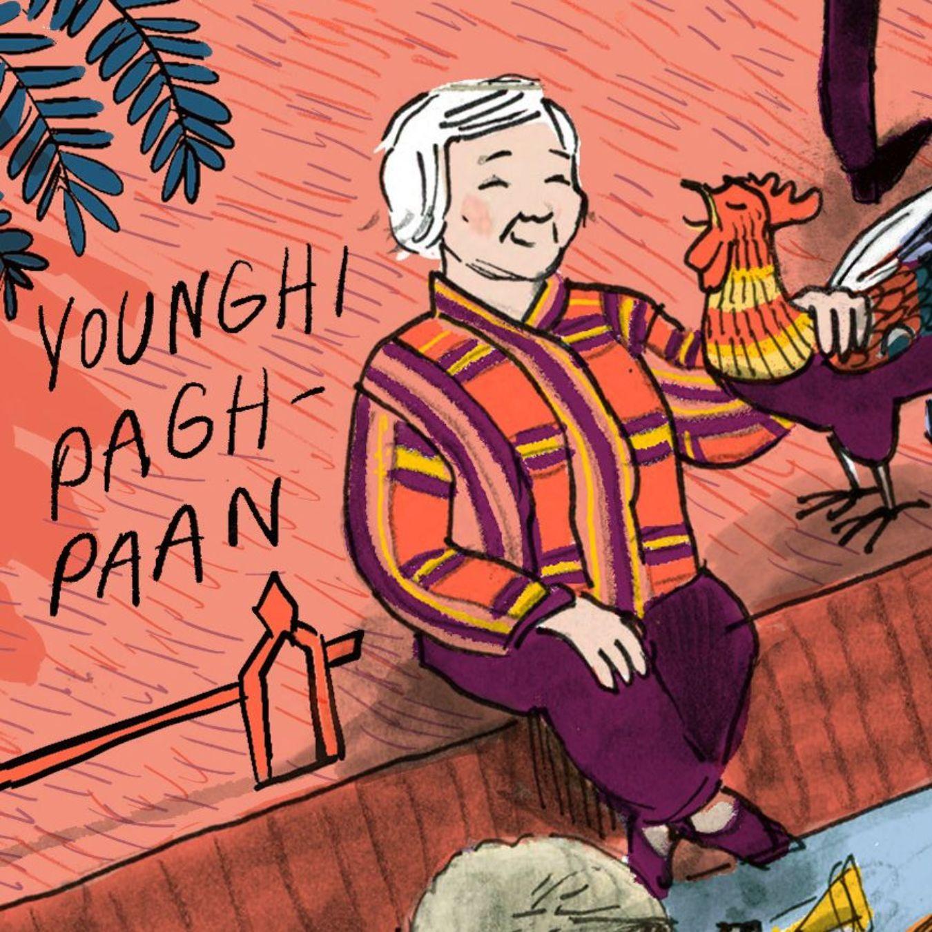 Die Komponistin Younghi Pagh-Paan sitzt in einem ihrer bunt-gewebten Jacken am Ufer der Seine, und streicht einem Hahn über den Rücken.