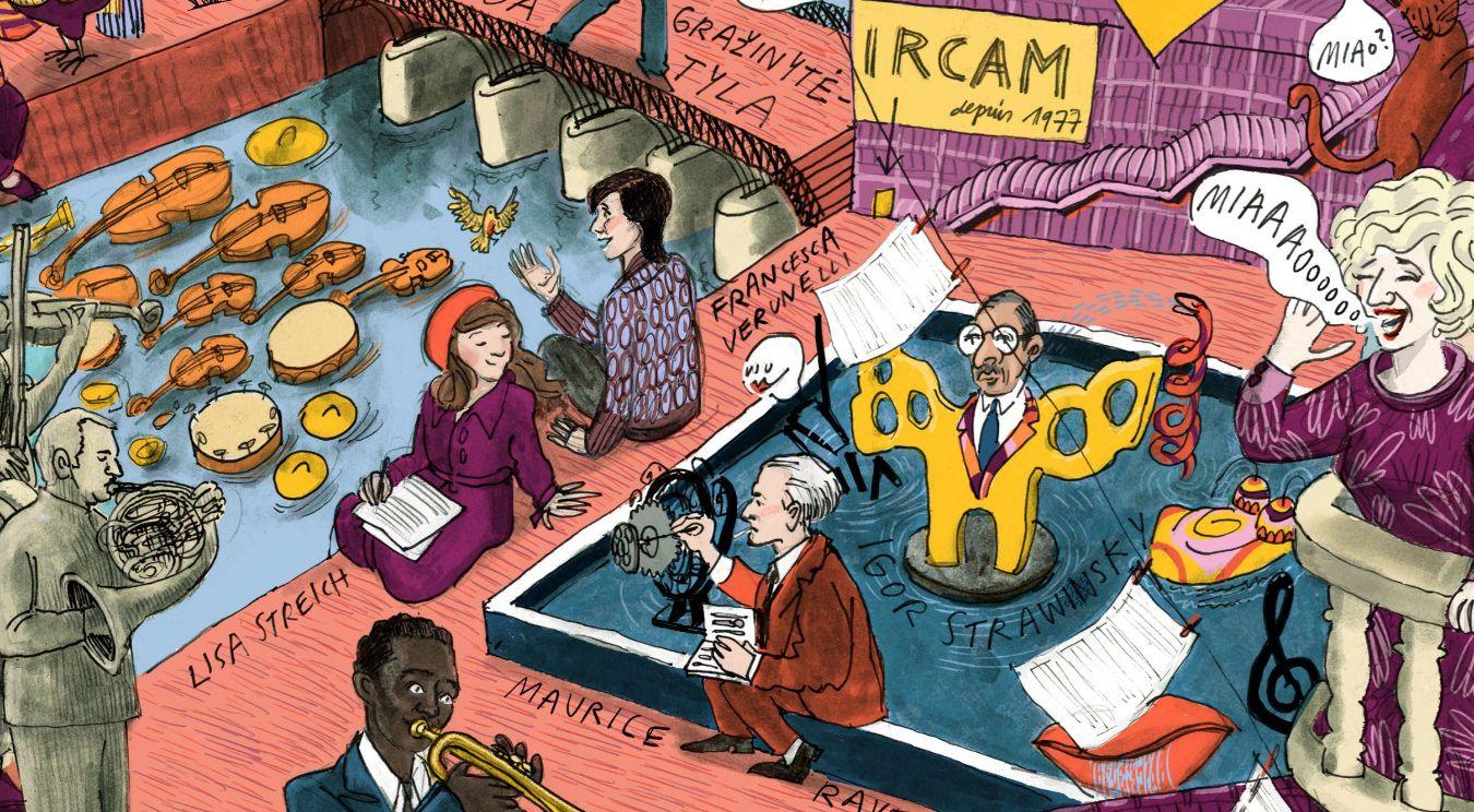 Auf einem größeren Bildausschnitt sitzen mehrere Komponist*innen rund um den Strawinsky-Brunnen vor dem Forschungsinstitut IRCAM. Auf der linken Seite blickt Lisa Streich auf den Brunnen, neben ihr kommuniziert Francesca Verunelli mit einem kleinen gelben Vogel. In der Mitte schaut Strawinsky aus einer der Brunnenskulpturen hervor, und vorne experimentiert Maurice Ravel mit einer mechanischen Skulptur.