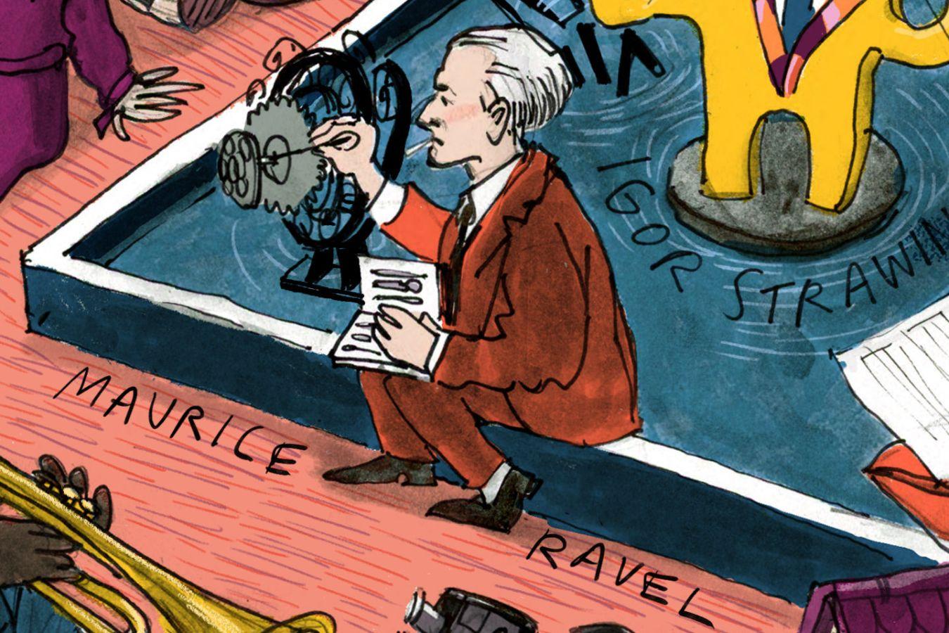 Maurice Ravel sitzt am Brunnen und experimentiert mit einer mechanischen Skulptur.