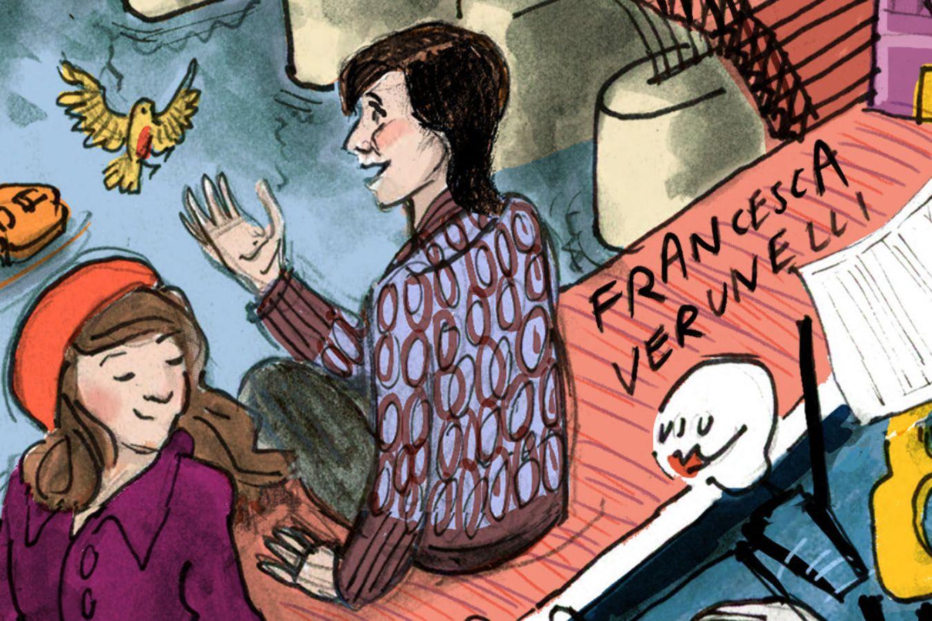 Francesca Verunelli sitzt am Rand der Seine und kommuniziert mit einem kleinen gelben Vogel.