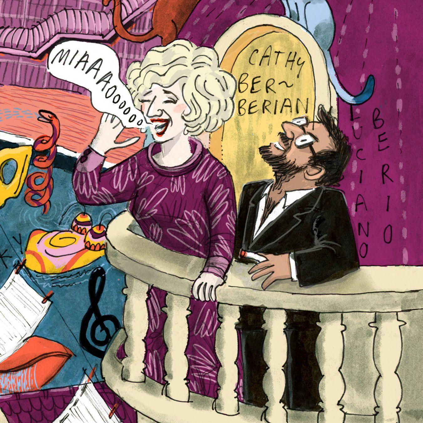 Cathy Berberian und Luciano Berio stehen auf einem Balkon und die Sängerin lässt ein langgezogenes „Miao“ ertönen, während der Komponist sie verliebt anschaut.