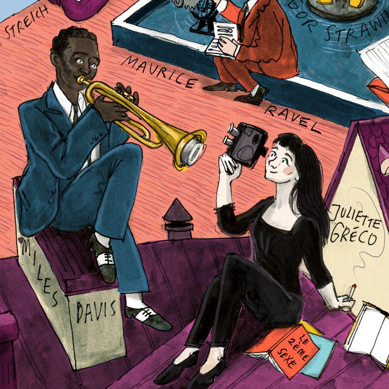 Miles Davis sitzt mit Juliette Gréco auf einem Dach, und spielt Trompete, während sie ihn mit einer kleinen Kamera filmt. Neben ihr liegt eine Ausgabe von Simone de Beauvoirs „Le deuxième sexe“.