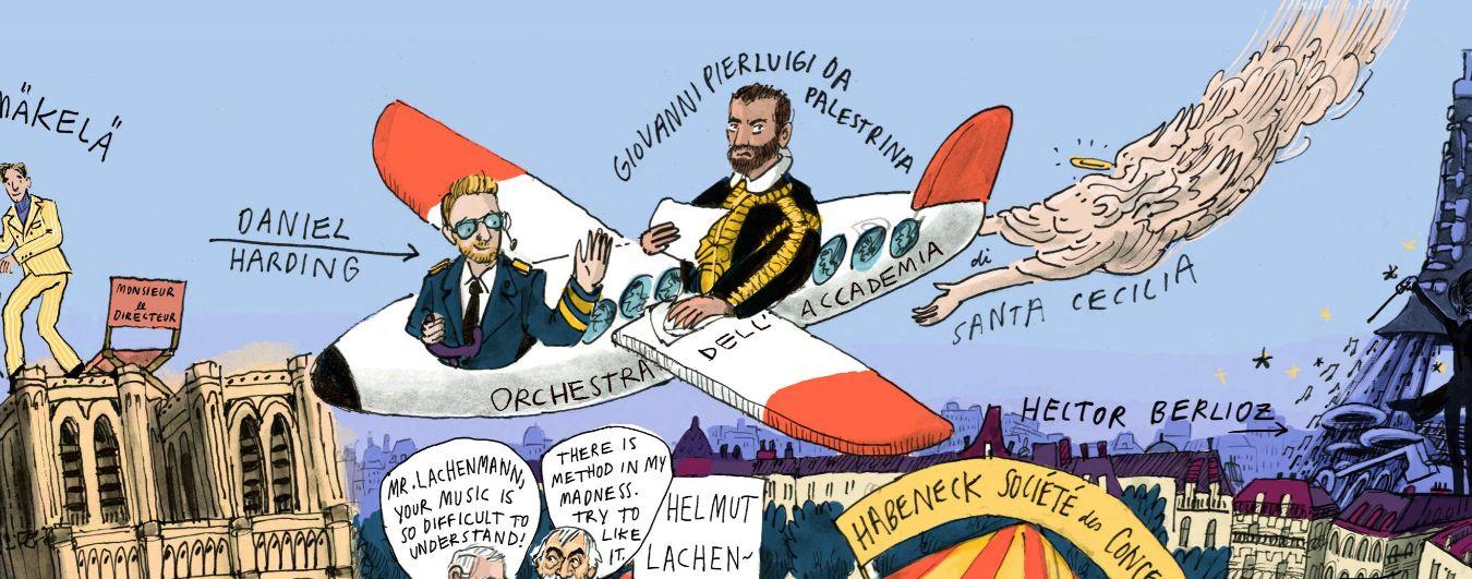 In einem Flugzeug mit dem Schriftzug Orchestra dell’Accademia di Santa Cecilia sitzen Daniel Harding und Giovanni Pierluigi da Palestrina. Die heilige Cecilia fliegt in Engelsgestalt dem Flugzeug hinterher.