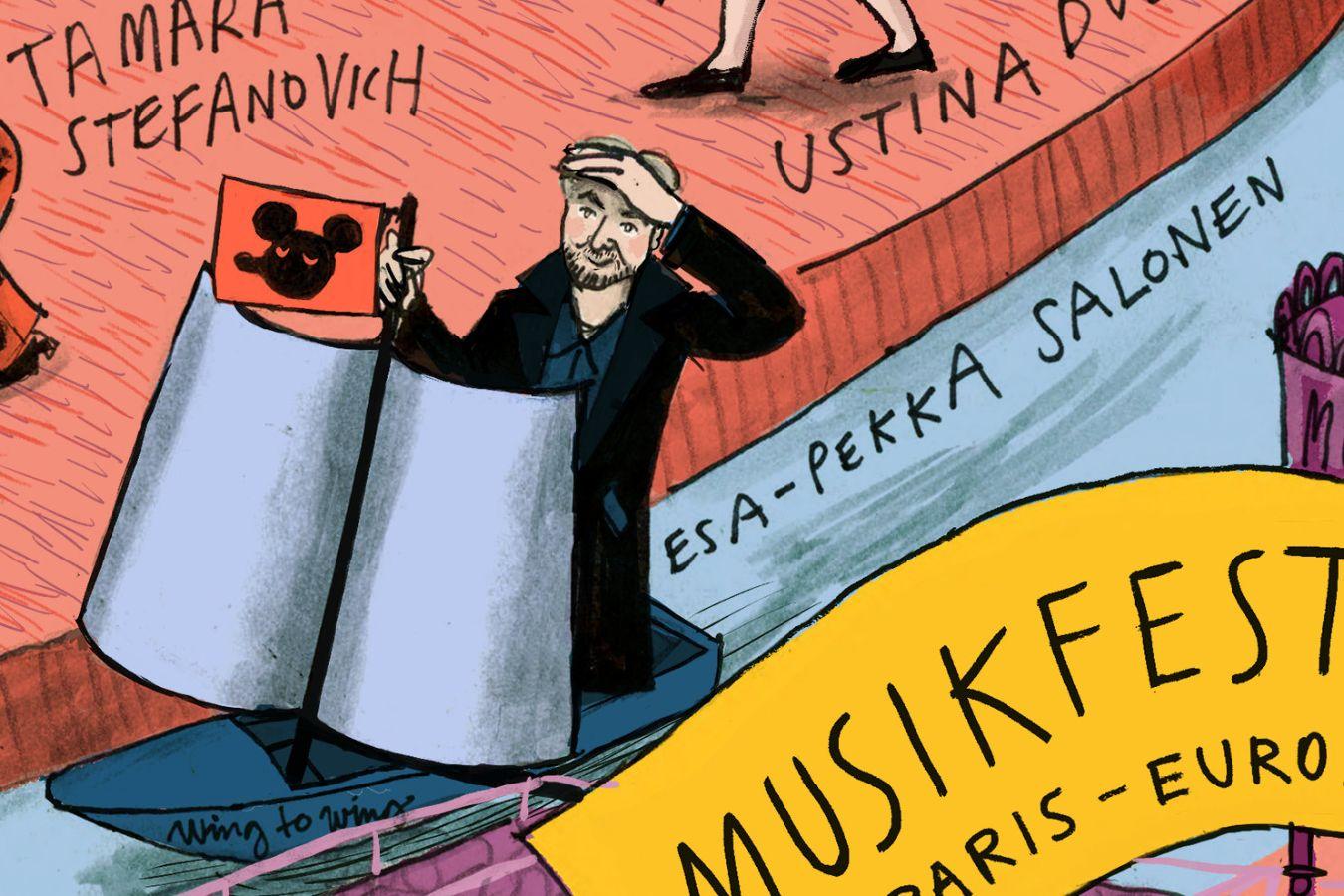 Esa-Pekka Salonen fährt auf einem Segelboot die Seine entlang, das den Namen „wing on wings“ trägt, und an dessen Mast eine Fahne mit Mickey-Mouse-Kopf weht.