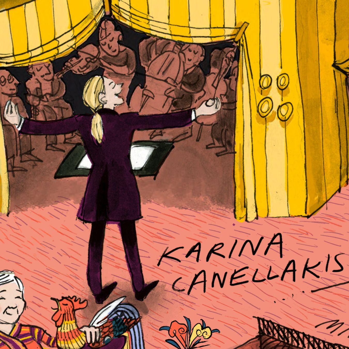 Die Dirigentin Karina Canellakis dirigiert ein Orchester in einem Zelt, das der Philharmonie Berlin gleicht.