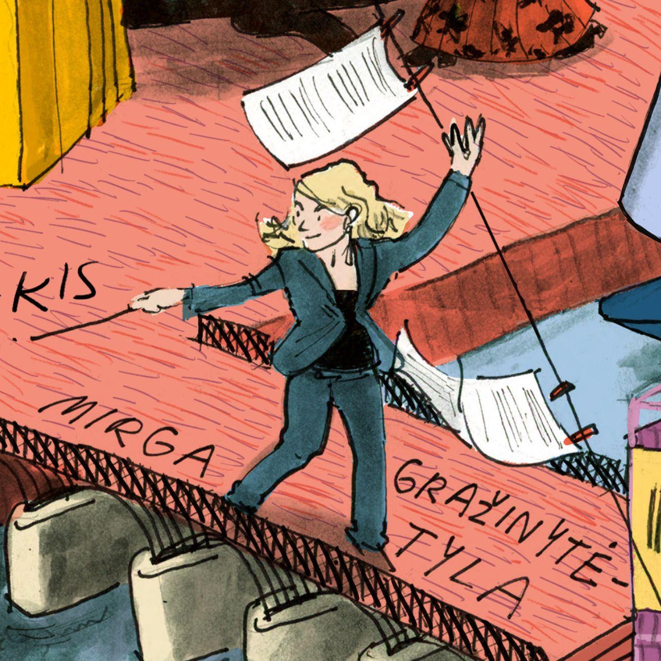 Mirga Gražinytė-Tyla bewegt sich schwungvoll über eine Brücke an der Seine, von wo aus sie im Fluss schwimmende Instrumente dirigiert.