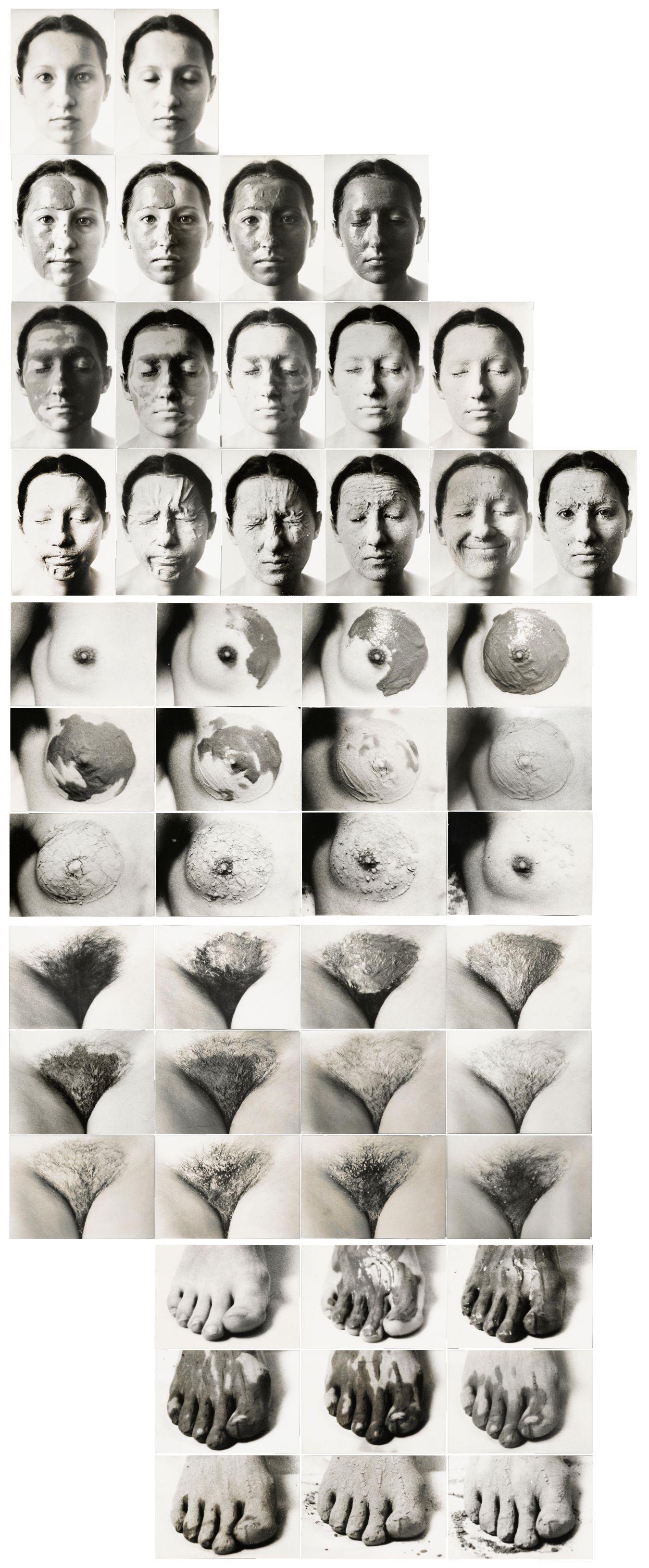 Hochformatige Bildtafel mit mehreren schwarz‑weißen Fotografien, die in Reihen und Spalten angeordnet sind. Die obere Reihe zeigt frontal aufgenommene Gesichter mit neutralem Ausdruck. Darunter folgen serielle Aufnahmen von Körperausschnitten, darunter Oberkörper mit Brustpartien, Bauchbereiche, Körperpartien mit sichtbarer Körperbehaarung sowie Füße.