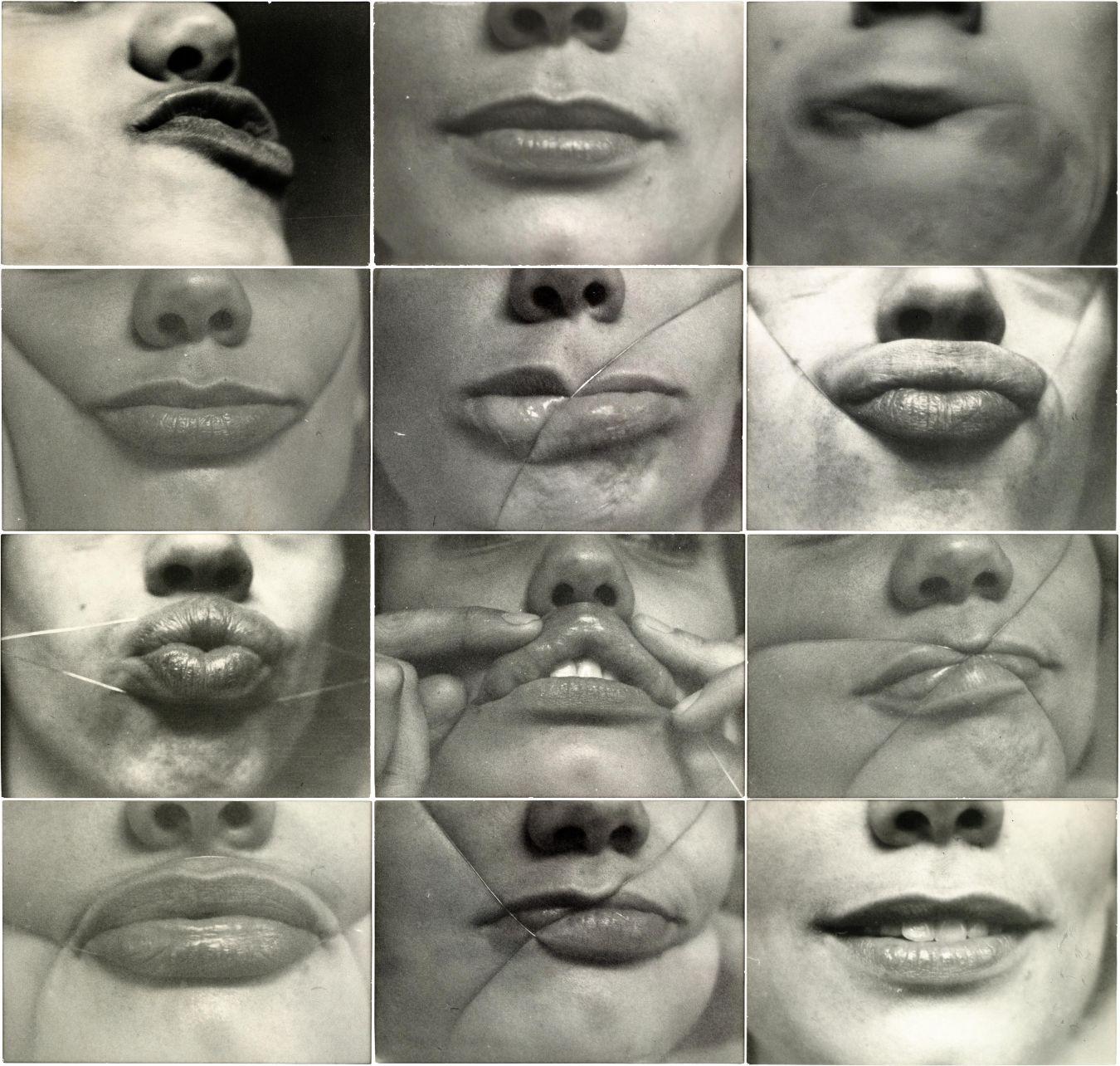 Raster aus mehreren schwarz‑weißen Nahaufnahmen von Mundpartien, jeweils auf den Bereich um Lippen, Oberlippe und Unterlippe fokussiert. Die einzelnen Fotografien zeigen leichte Variationen in Lippenform, Öffnung und Spannung sowie unterschiedliche Positionen innerhalb des Bildausschnitts.
