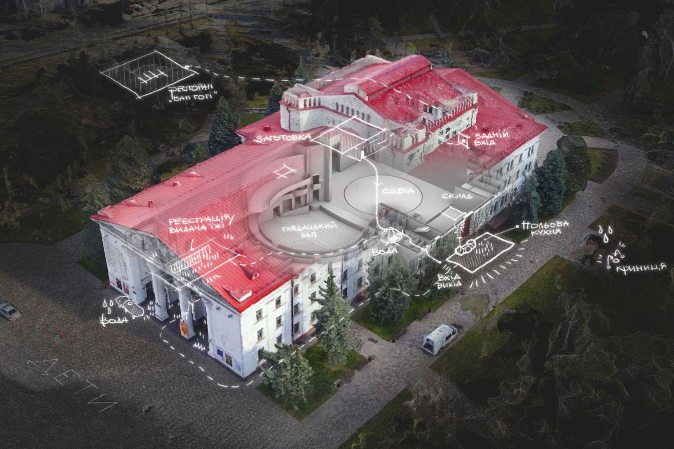 Die Abbildung zeigt eine digitale Rekonstruktion des zerstörten Theaters in Mariupol und seine parkähnliche Umgebung. Auf dem Plan sind handschriftlich verschiedenen Orte im und um das Theater sowie Laufwege eingezeichnet.
