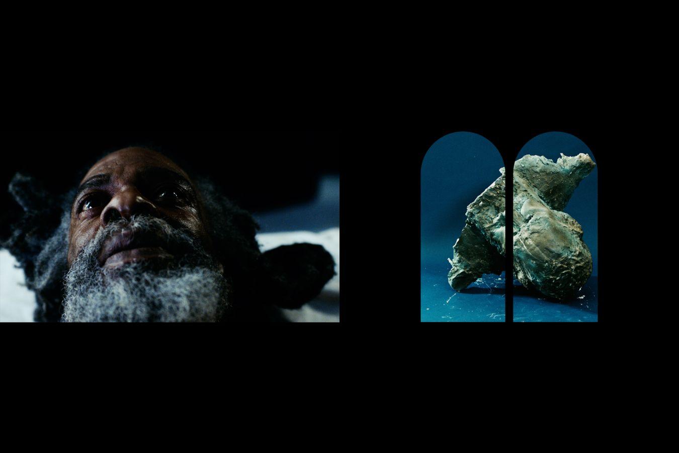 Die Abbildung zeigt ein Diptychon: Links das Gesicht eines Schwarzen Mannes mit dichtem, grauen Bart aus der Froschperspektive. Rechts ein grüner Edelstein auf blauem Grund, den wir durch zwei Rundbögen betrachten.