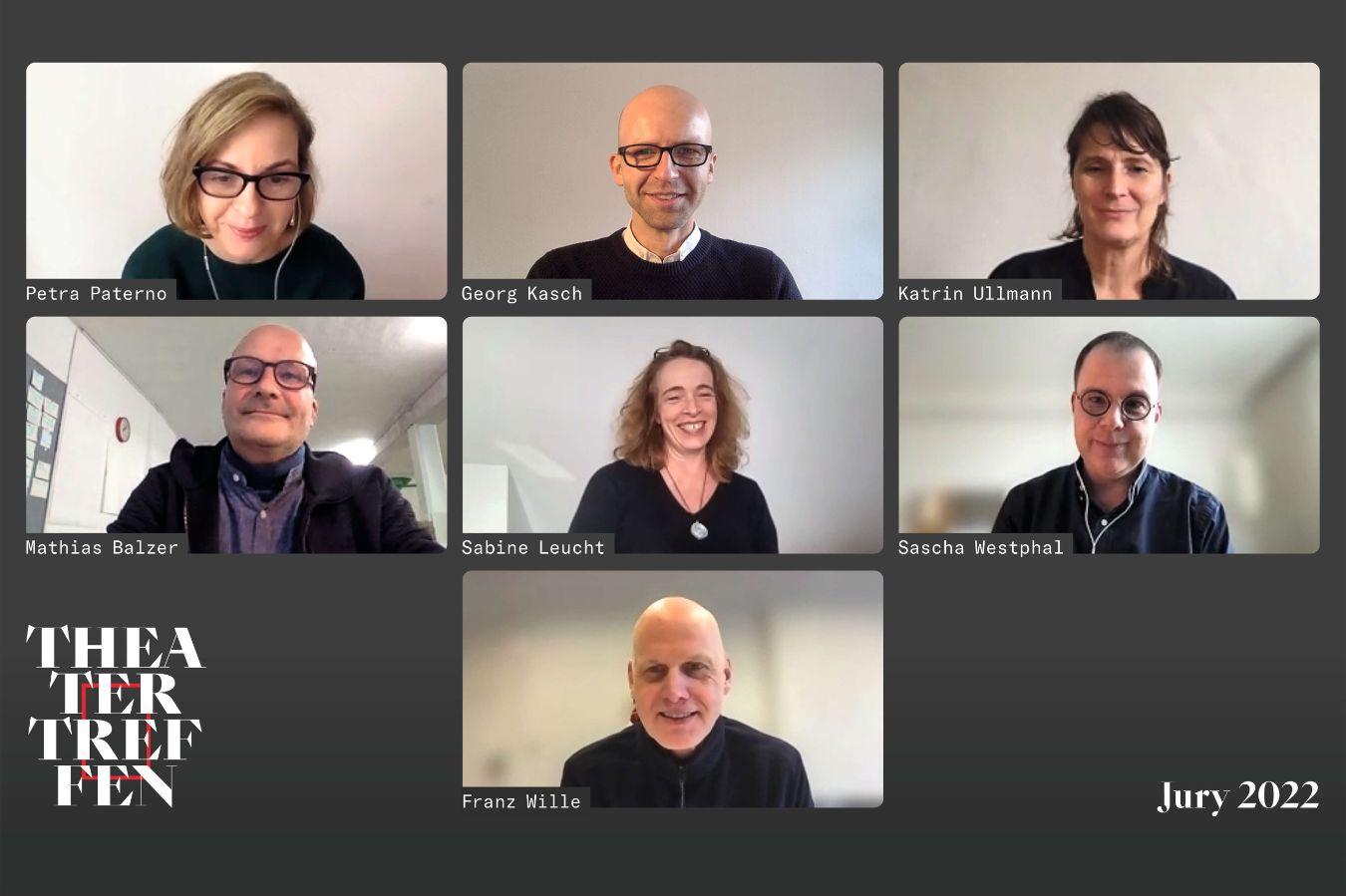 The seven Theatertreffen jury members are in a video conference and look into the camera.