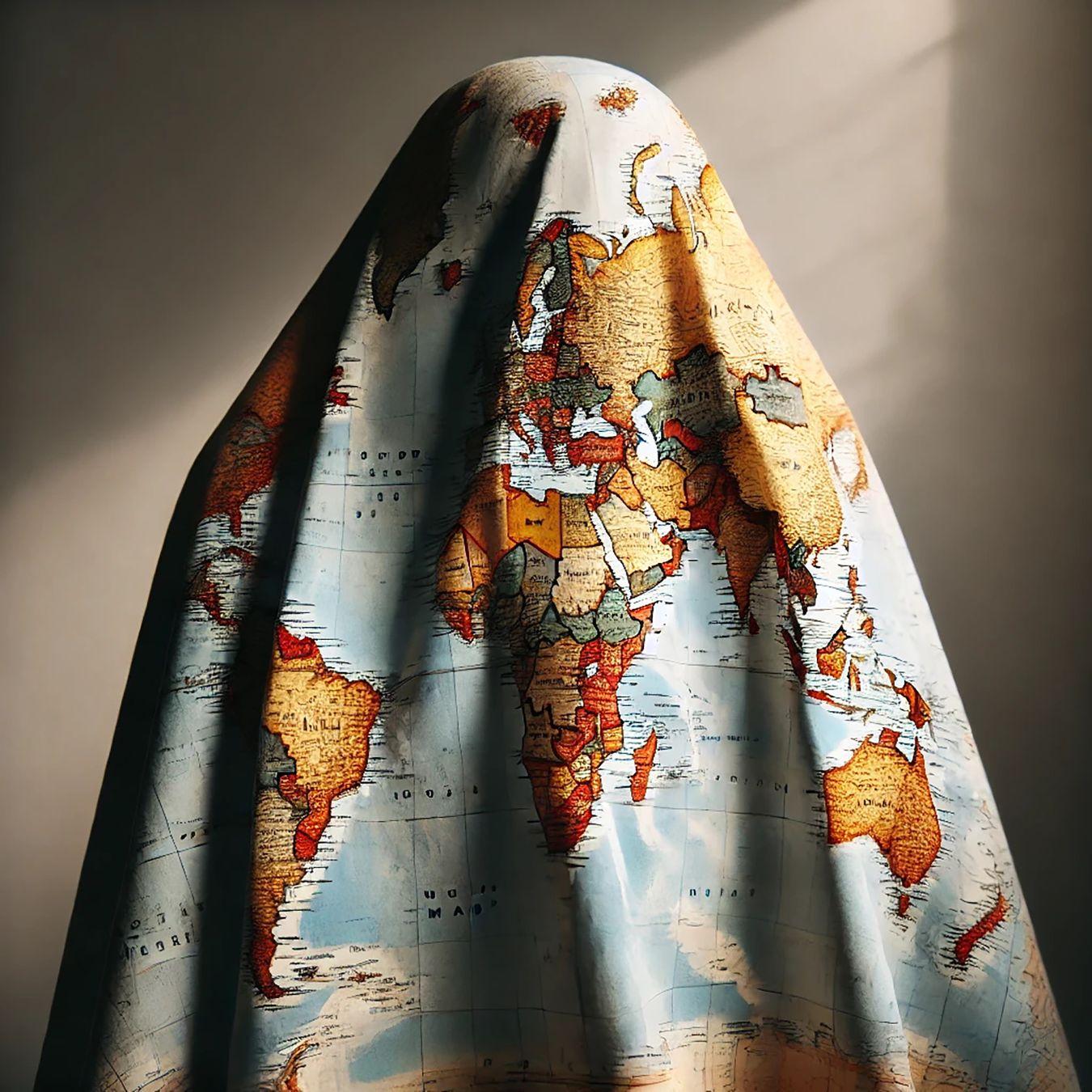 Eine Person mit einem Umhang über Kopf und Körper, auf dem die Weltkarte abgebildet ist.