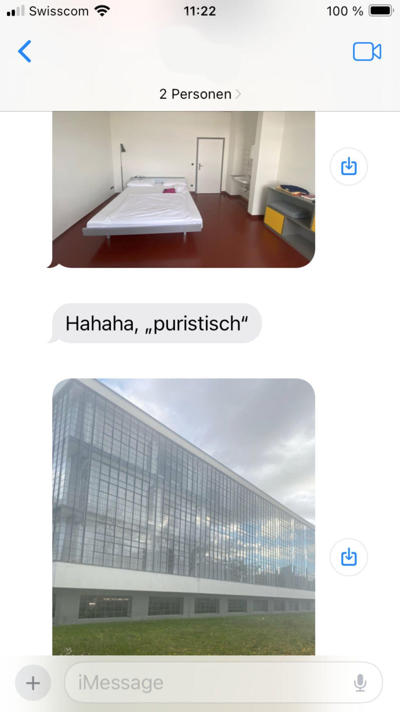 Screenshot of a chat with photos of the Bauhaus: one of the glass façade, one of a puristically furnished room