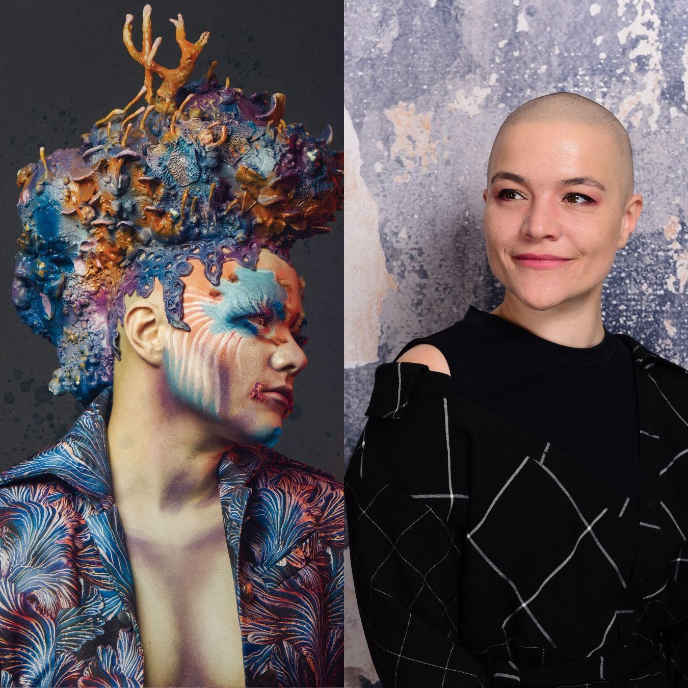 A colourfully made-up drag king on the left and a person with short hair on the right