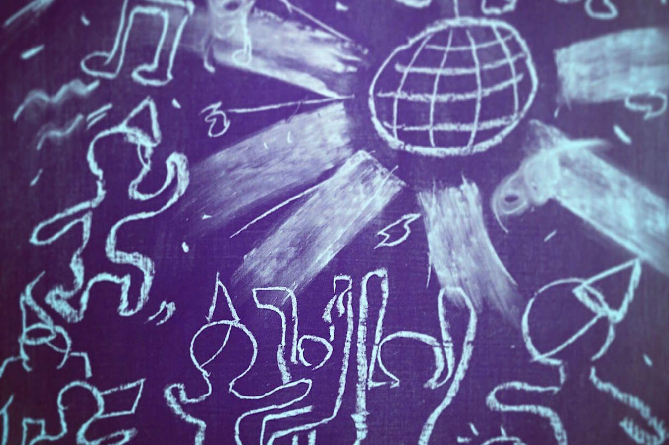White chalk drawing on purple background of a disco ball and dancing people.
