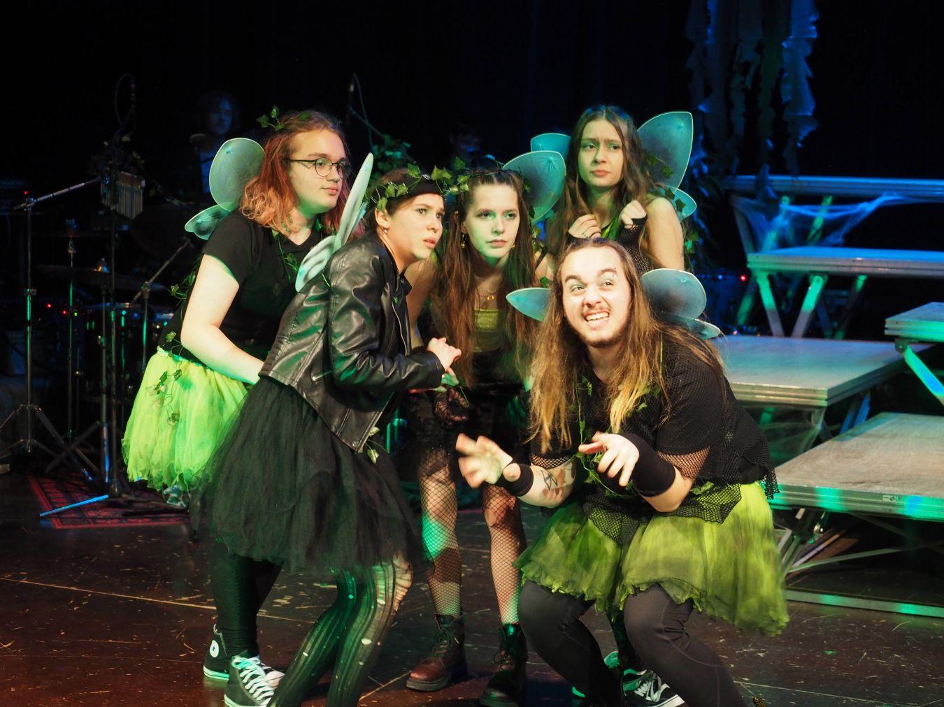 Five people are dressed as elves and look into the audience.