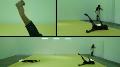 Three-part split screen showing multiple individuals in a yellowish-green room in various positions. Each section presents the same scene from a different distance.