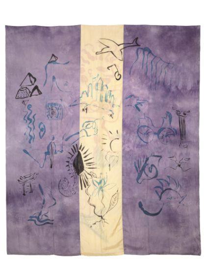 A large rectangular surface with a predominantly purple background and a vertical pale yellow stripe running down the center. Delicate, sketch-like drawings in blue, black, and violet are spread across the surface, including abstract lines, organic shapes, and occasional figurative elements. The painted marks appear translucent and evenly distributed.
