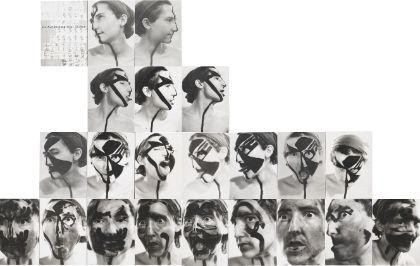 A collage composed of multiple black‑and‑white photographs arranged in a pyramid‑like structure. The images show heads and faces in side and frontal views. In several photographs, the faces are partially covered or overpainted with dark markings or mask-like shapes. The photographs are placed closely together, with slight variations in angle, framing, and surface coverage.