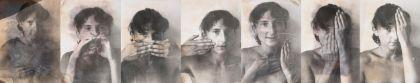 A horizontal sequence of black-and-white portrait photographs arranged side by side. Each image shows a face at a similar distance, with slight variations in head position and viewing angle. Parts of the faces appear blurred, partially obscured, or softened by motion, causing the images to blend into one another visually.