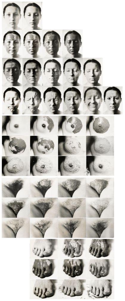 A vertical panel composed of multiple black-and-white photographs arranged in rows and columns. The top row shows frontal views of faces with neutral expressions. Below are serial images of body sections, including upper torsos with chest areas, abdominal sections, areas with visible body hair, and feet.