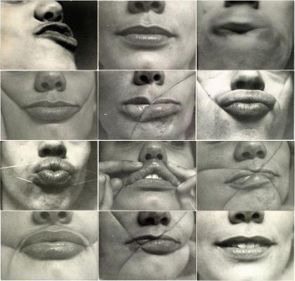 A grid composed of multiple black‑and‑white close-up photographs focusing on mouth areas, showing lips and the surrounding region. Each image presents slight variations in lip shape, opening, and tension, as well as small shifts in framing.