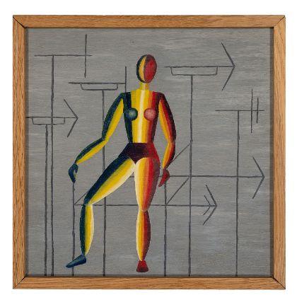 A framed painting showing a stylized human figure rendered in a geometric manner against a gray background. The figure is painted in red, yellow, blue, and black tones and stands slightly off-center with one bent leg. Linear arrows and straight markings extend horizontally and vertically across the background surface.