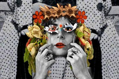 Collage of a person perceived as female, with a face partly painted in colorful dots and decorated with floral motifs.