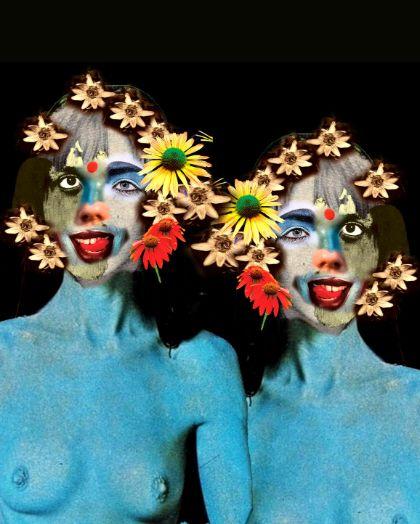 Collage of two individuals perceived as female, whose bodies are painted in a light blue tone and whose faces are partially collaged with floral motifs.