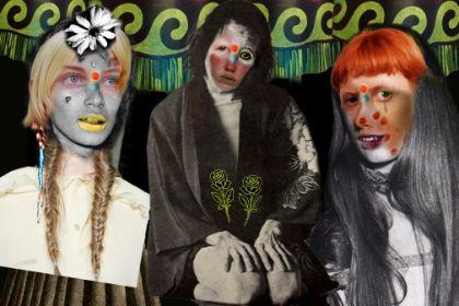 Collage of three individuals perceived as female, whose faces are partially painted with colorful dots and collaged with floral motifs.