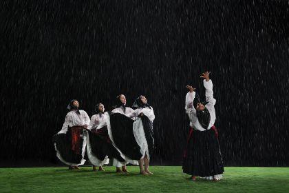 Five people perceived as female wearing black headscarves and ankle-length skirts are walking on a green meadow in the rain.