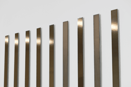 Narrow photographs in brown and gray tones are displayed side by side on a white wall in an exhibition space.