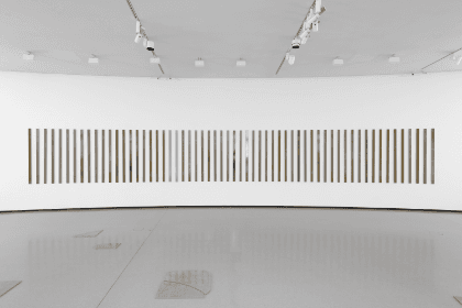 Narrow photographs in brown and gray tones are displayed side by side on a white wall in an exhibition space.