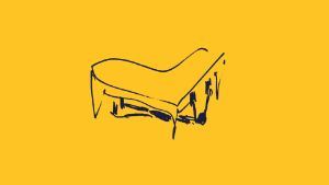 Zeichnung einer Person, die unter einem Flügel liegt, mit den Händen auf der Tastatur