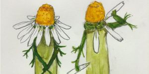 Eine Zeichnung von Menschen, die als Blumen verkleidet sind