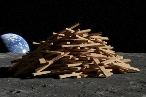 A pile of wooden planks lies on the surface of the moon.  The earth is visible in the background.