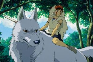 A cartoon image of a person dressed in fur holding a sword in one hand. This person is sitting on a wolf-like animal.