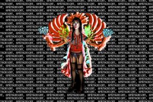 A distorted photograph of a person with colorful angel wings and torches in their hands. They are wearing garters and patterns on their upper body that look like they were hand-painted.