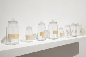 Eight empty preserving jars on a shelf. Each jar has a labelled sign.