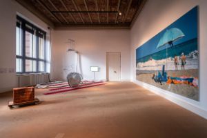 Mona Hatoum, A Pile of Bricks III, 2019; Michael Kvium, Beach of Plenty, 2017; Aki Sasamoto, Phase Transition, 2019; Do Nut Diagram, 2018